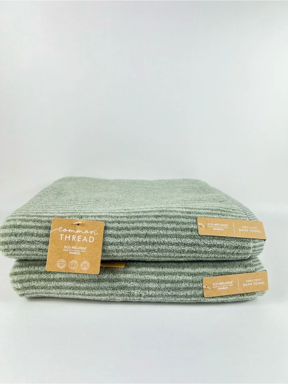 Common Thread Bamboo Bath Towels Green Striped Zero Twist Soft Cotton 2 Pc NEW
